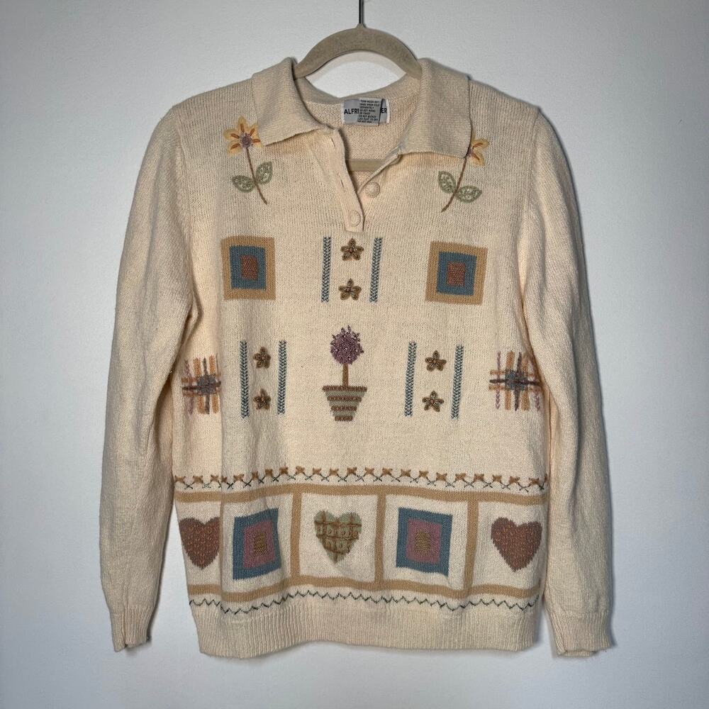 VTG Cottagecore Cardigan Sweater Floral Gardening Primitive Womens Sm Collared